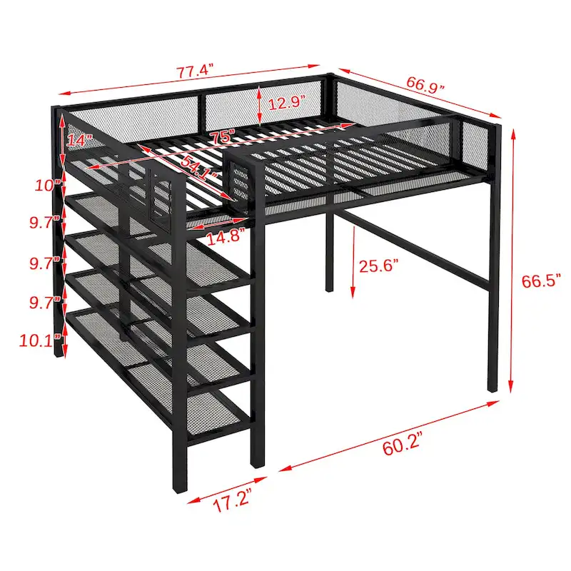 Full Loft Bed with Four Shelves