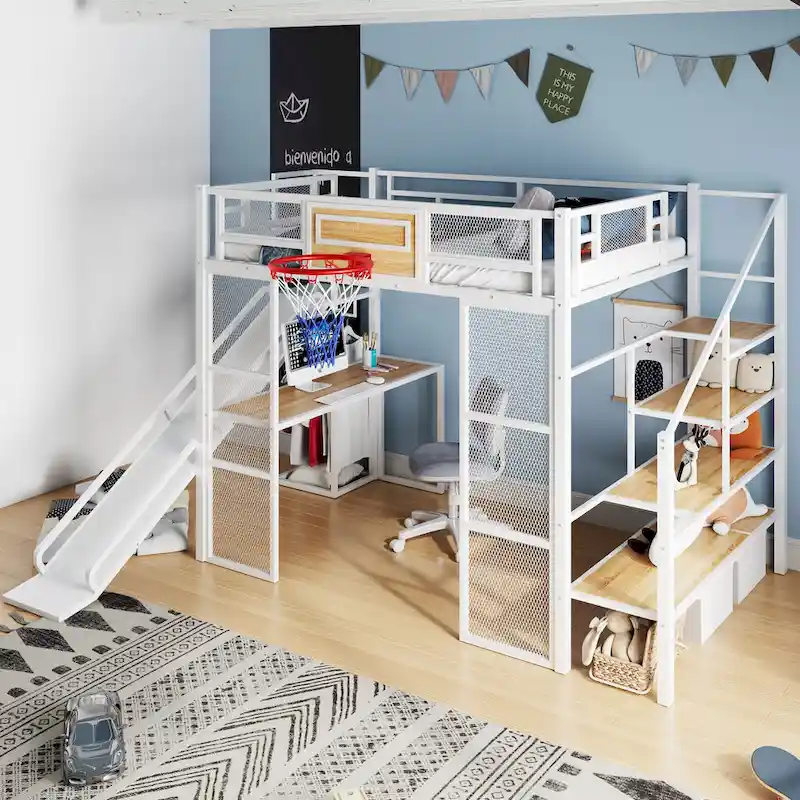 Industrial Full Size Loft Bed with Basketball Hoop, Slide & Stairs, Heavy Duty Metal Loft Bed Frame with Shelf, Desk & Wardrobe
