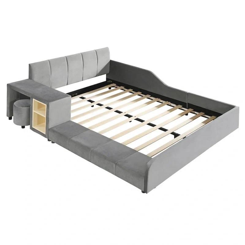 Upholstered Grounded Bed Mother & Child Bed with Bedside Desk and Little Round Stool