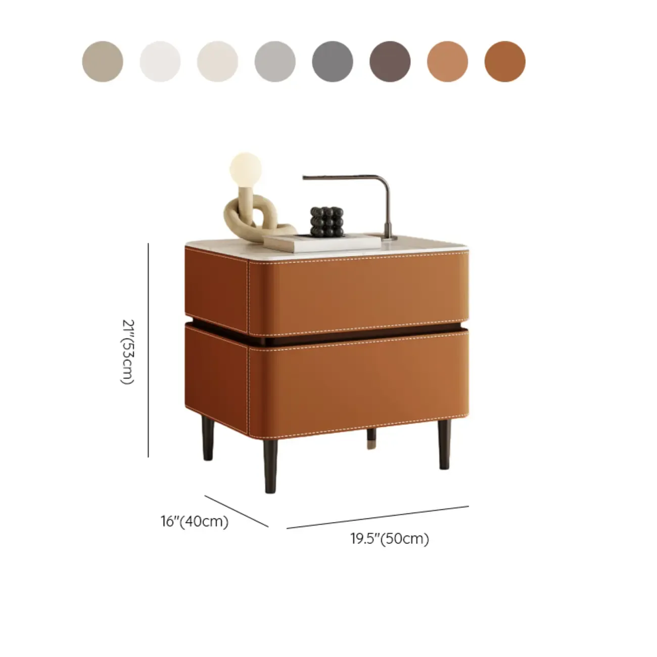 Modern Faux Marble Top Leather Rounded 2-Drawer Nightstand