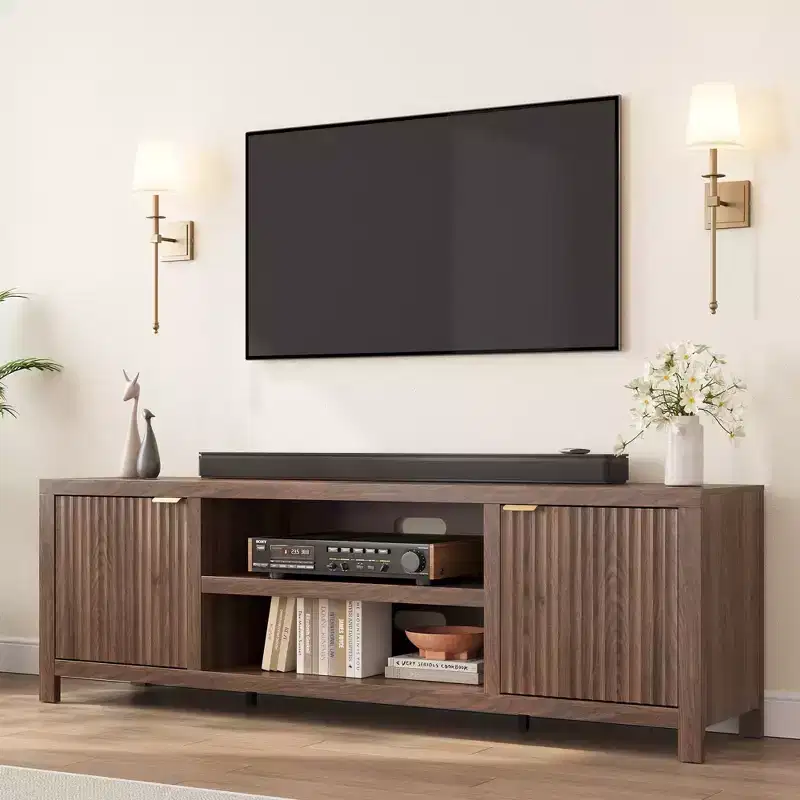 Garvee 70 TV Stand Entertainment Center with Storage, Fluted Door and Gold Handle, Wooden Media Console Cabinet for Living Room, Bedroom