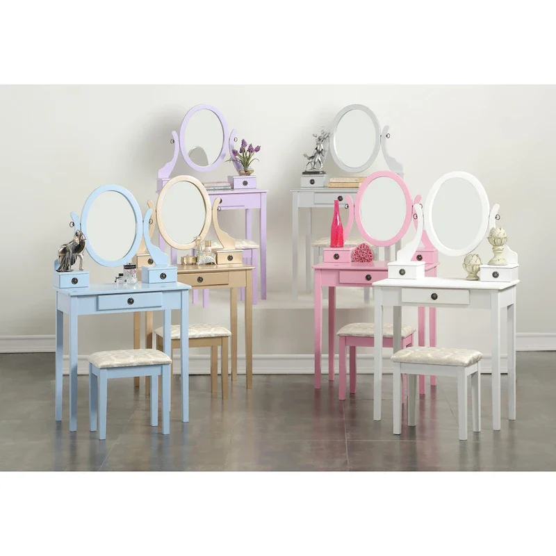 Roundhill Furniture Moniys Wood Moniya Makeup Vanity Table and Stool Set