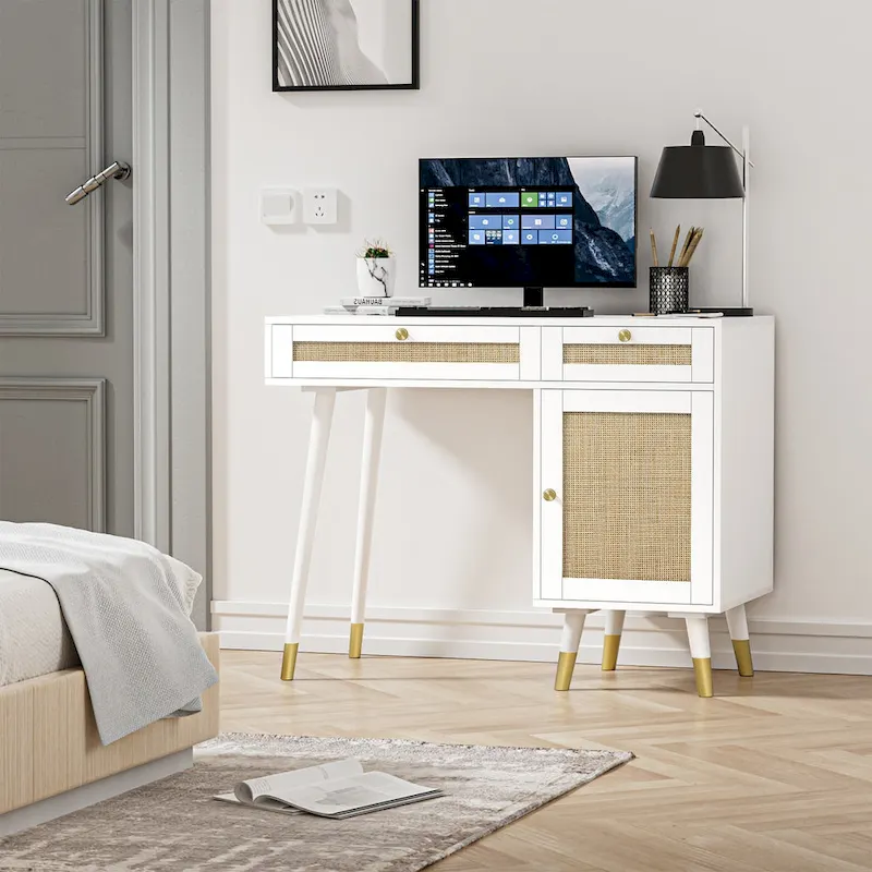 Computer Desk with 2 Drawers Modern Rattan Home Office Desk with File Cabinet
