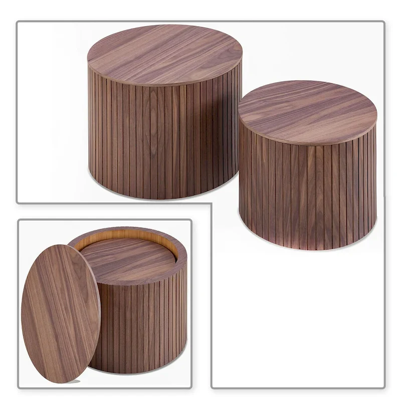 2-Piece Barrel Nested Coffee Table Set, Walnut/Black, Removable Top