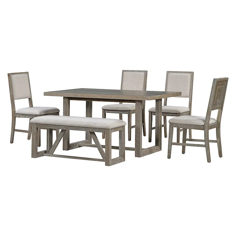 6 Piece Dining Table Chair Set, Wooden Kitchen Furniture Set with Acacia Wood Rectangular Table, 4 Chairs and 1 Bench
