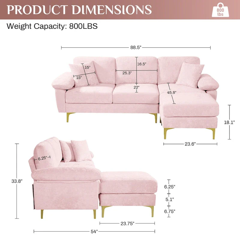 Ouyessir 2-Pieces Upholstered Velvet Sectional Sofa with 2 Pillows & Ottoman