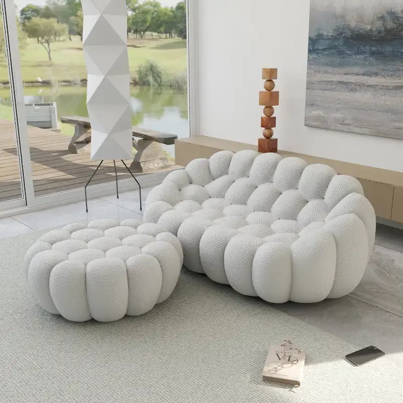 3D Honeycomb Fabric Upholstered Bubble Sofa Modern Loveseat with Ottoman
