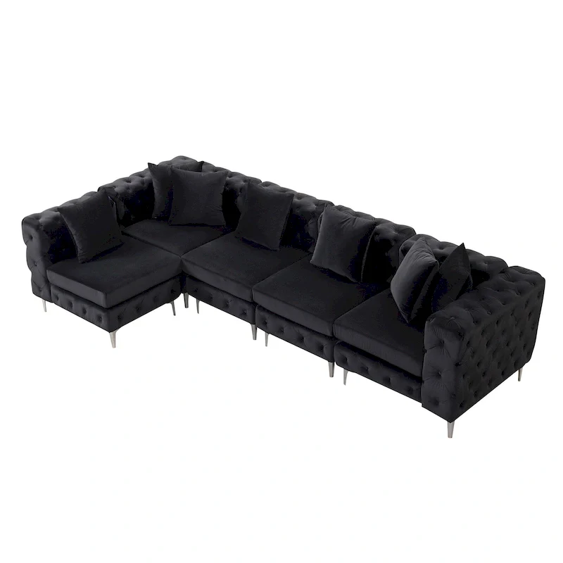 Large L-Shaped Modular Sofa, 5-Seat Velvet Sectional Couch