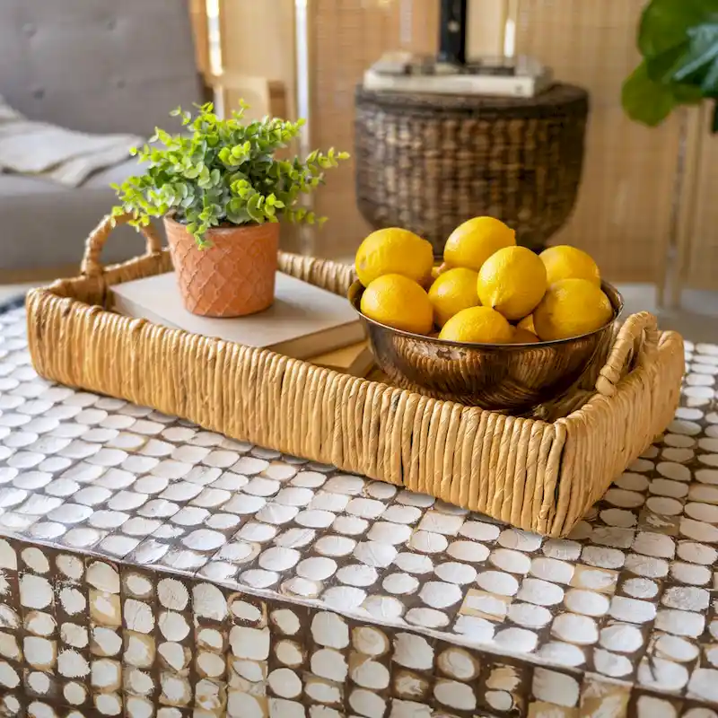happimess Anika 22.5  Traditional Southwestern Hand-Woven Abaca Tray with Handles, Natural