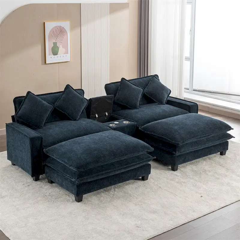 112.6  Chenille Upholstered Sectional Sofa with Two Removable Ottoman