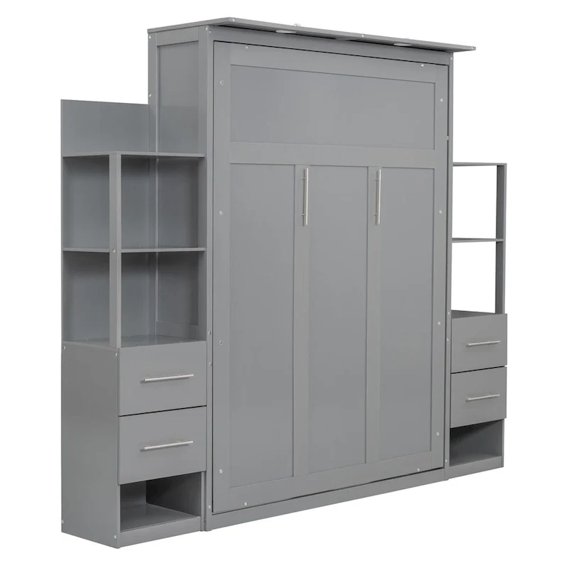 Full Size Murphy Bed Wall Bed with Shelves,Drawers and LED Lights
