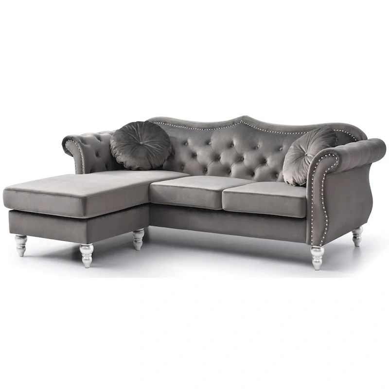 81 in. Velvet Chesterfield Sectional Sofa with 2-Throw Pillow - 81L x 35W x 34H
