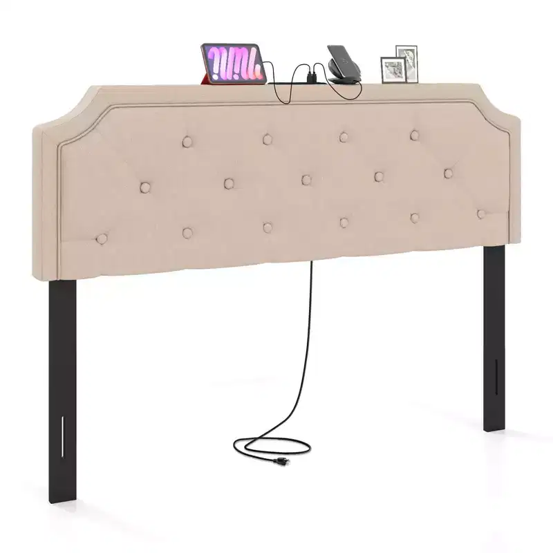 Beige/Gray Tufted Upholstered Headboard with Charging Station, Full/Queen
