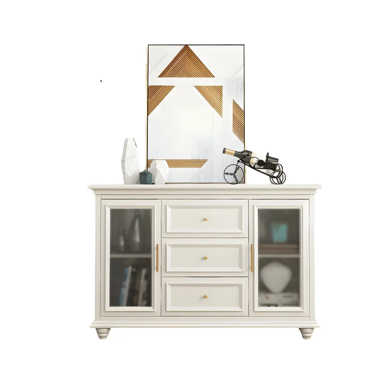 White Wooden Sideboard with 3 Drawers and Cabinets