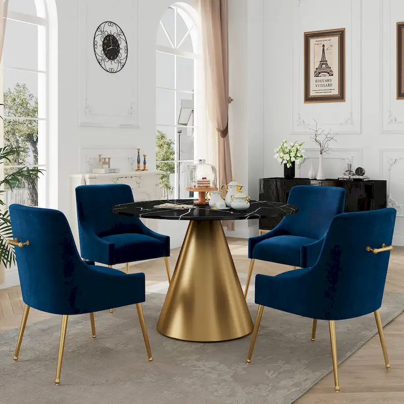 Clihome 5 Piece Black Marble Top Table with Velvet Dining Chair Set