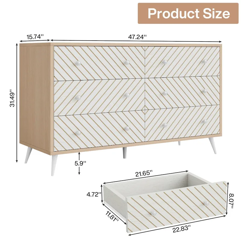 6-Drawer Double Dresser for Bedroom, 47-inch Chest of Drawers with Metal Legs for Living Room