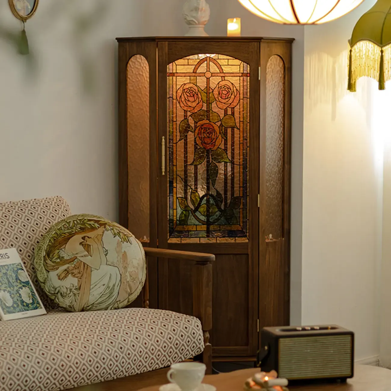 Lighting Included Elegant Walnut Rose Glass Panel Corner Cabinet