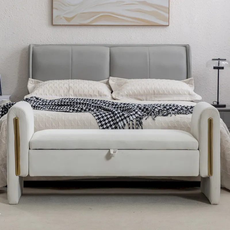 Gray Velvet Storage Bench with Gold Metal Trim