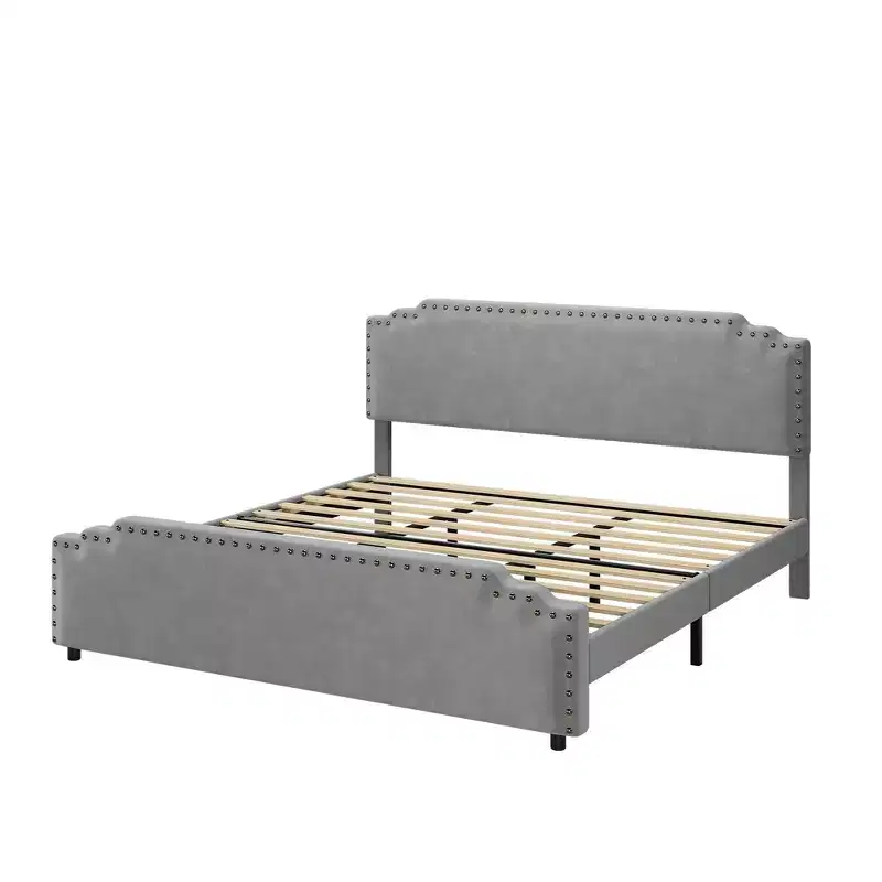 King Bed Frame with Tufted Headboard, Strong Wooden Slats & No Box Spring Required