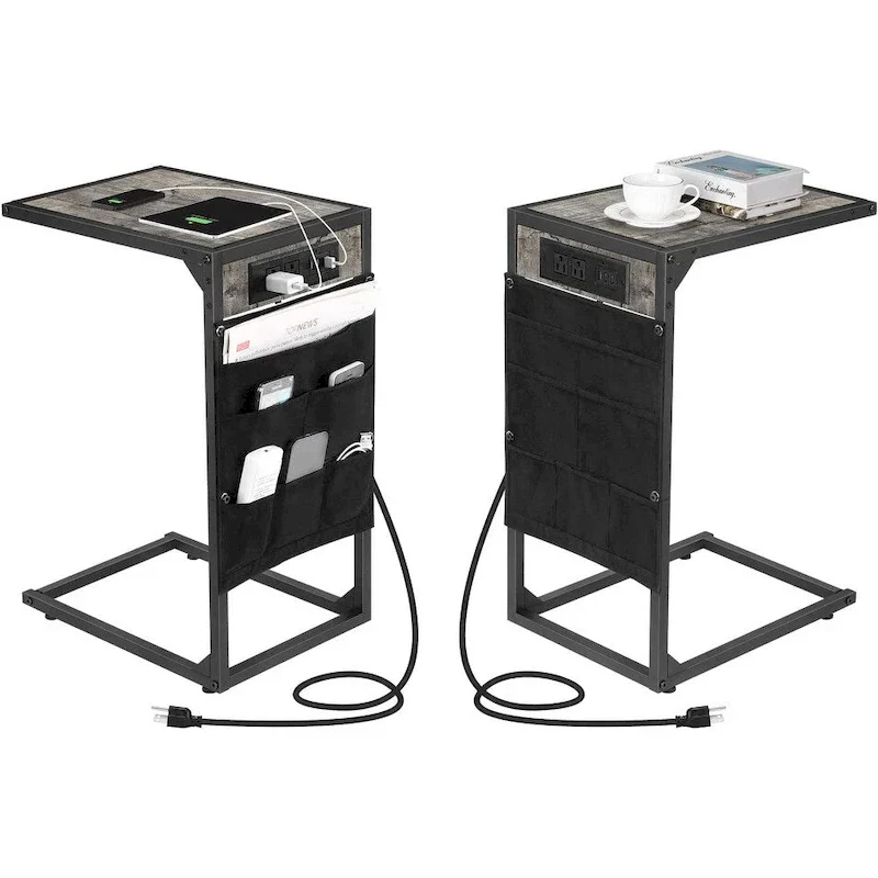 C Shaped End Table with Charging Station, Set of 2