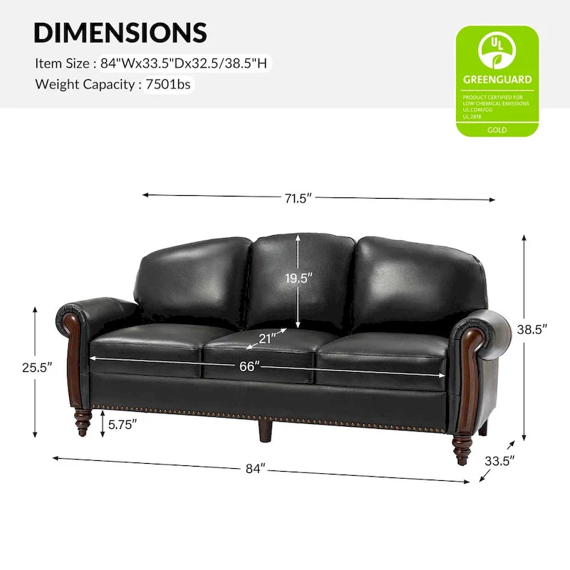 84 Traditional Genuine Leather Sofa with Carved Wood Legs