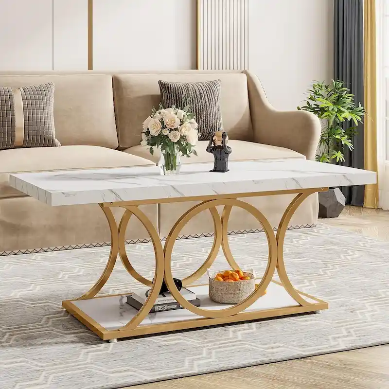 47.24-inch Rectangle Coffee Table, 2-Tier Modern Faux Marble Coffee Tables