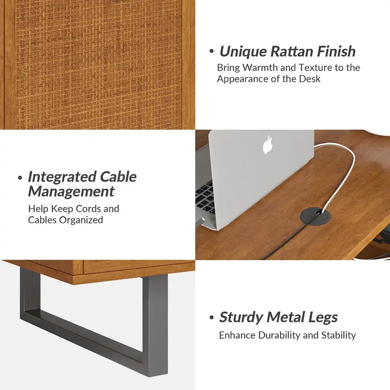 Alfons Industrial L-shaped Lift Top Cane Executive Office Desk with Drawers and Built-In Outlets by