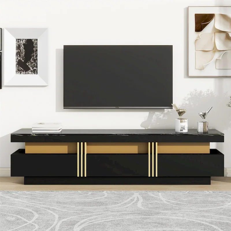 White Marble TV Stand with Gold Trim - 3 Drawer Media Console (68.8