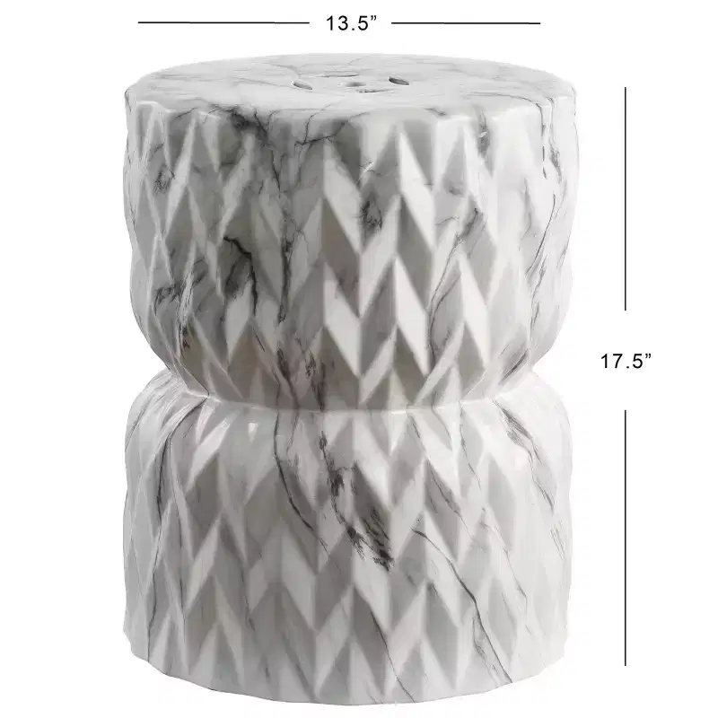 JONATHAN Y Chevron Drum 17.5 White Marble Finish Ceramic Garden Stool/Accent Table