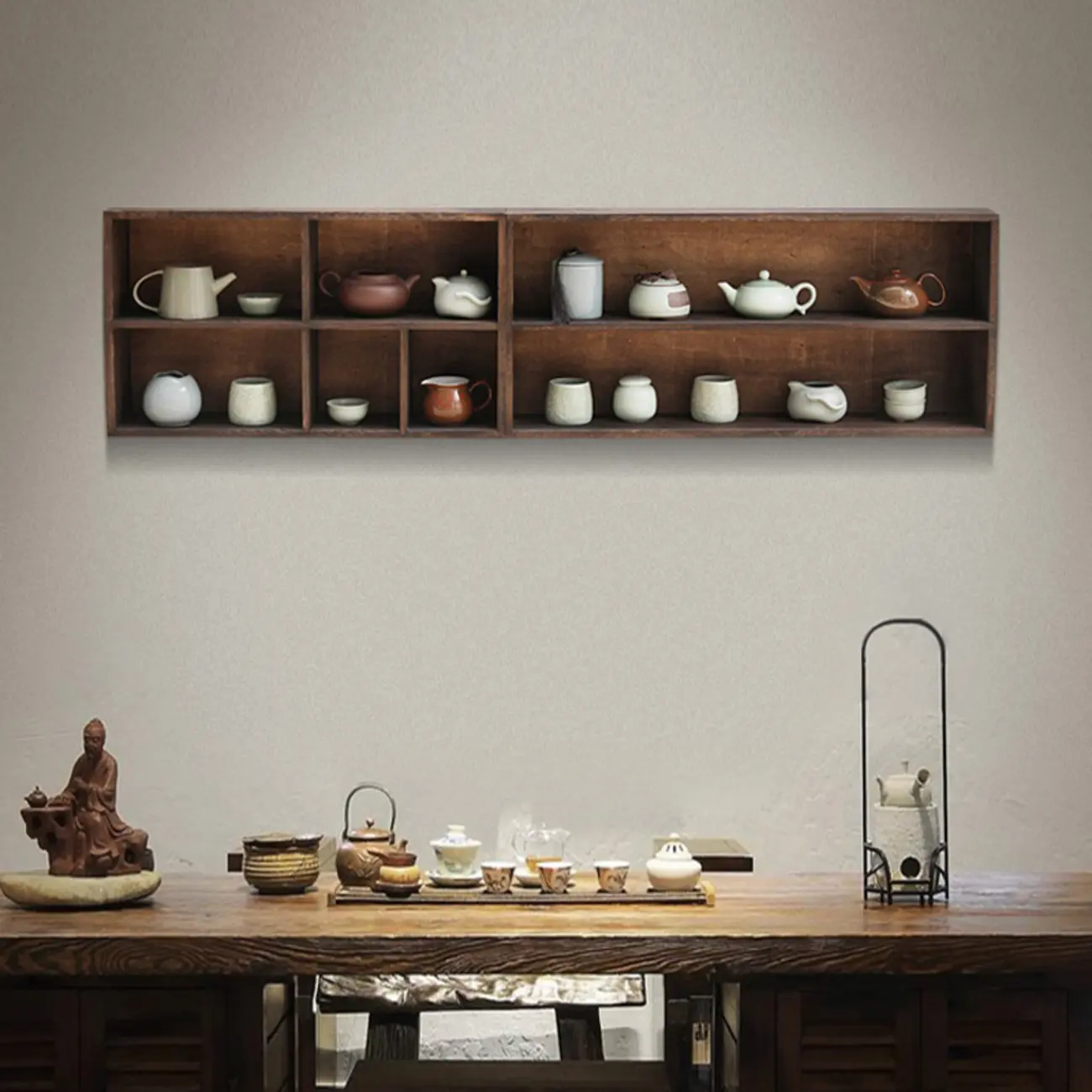 Traditional Long Brown Wood Wall Mount Open Display Cabinet