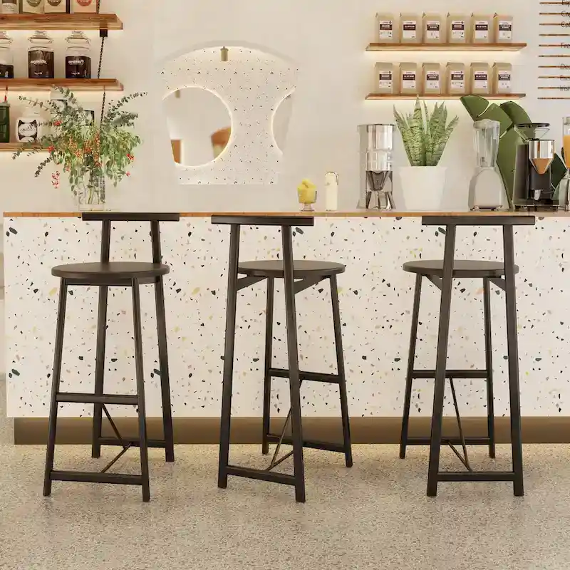 Armless Counter Height Bar Stool Set of 3, with Metal Frame and Wooden Seat