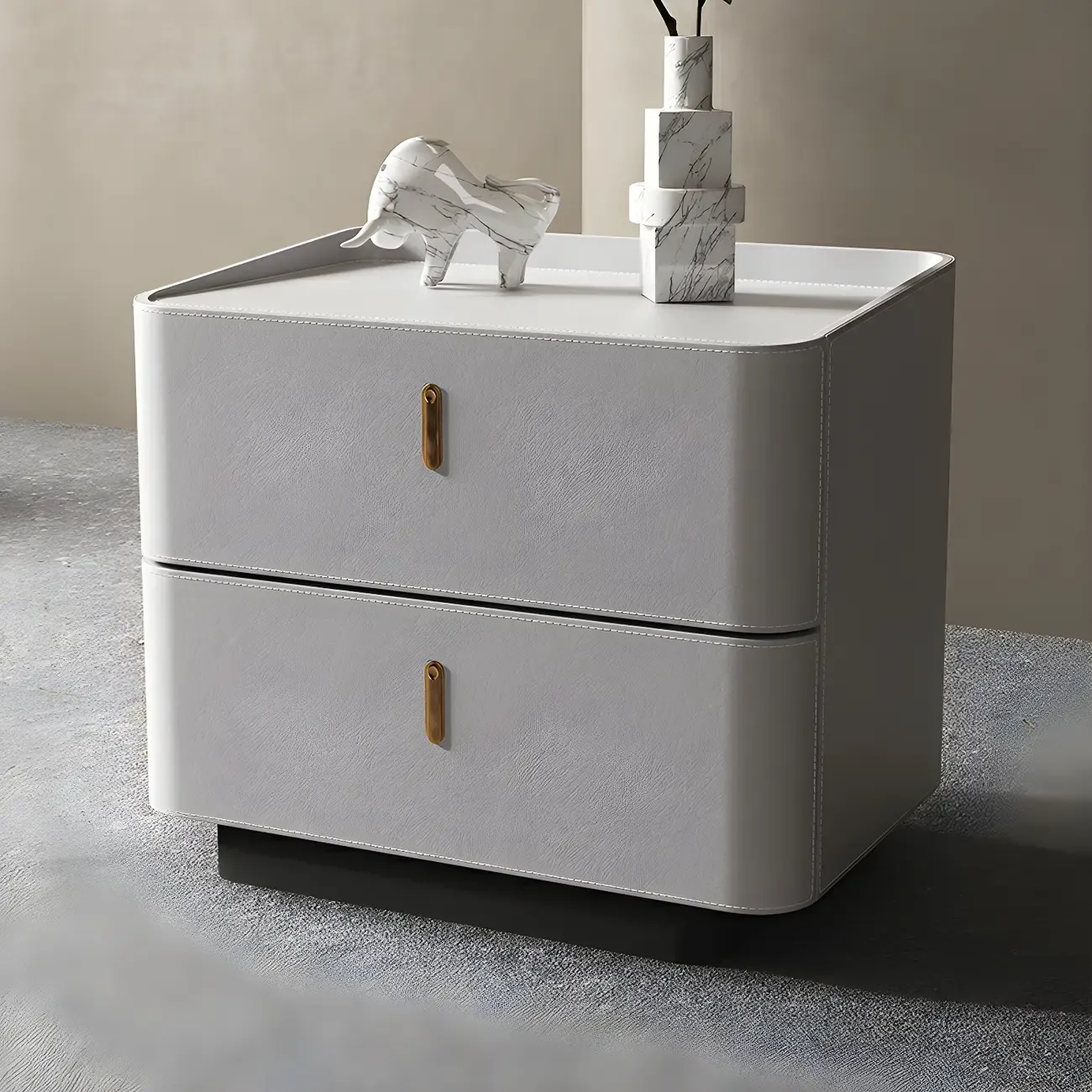 Modern Black Faux Leather Top Wood 2-Drawer Nightstand