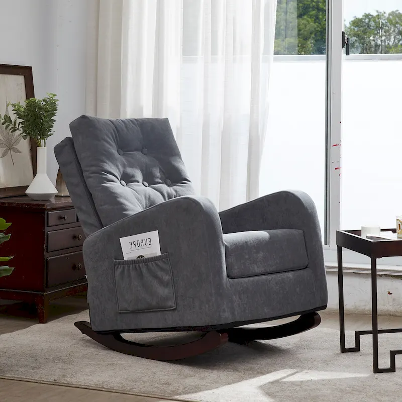Modern 28.74 High Back Upholstered Buttons Tufted Rocking Chair with Solid Wood Legs and Side Pocket