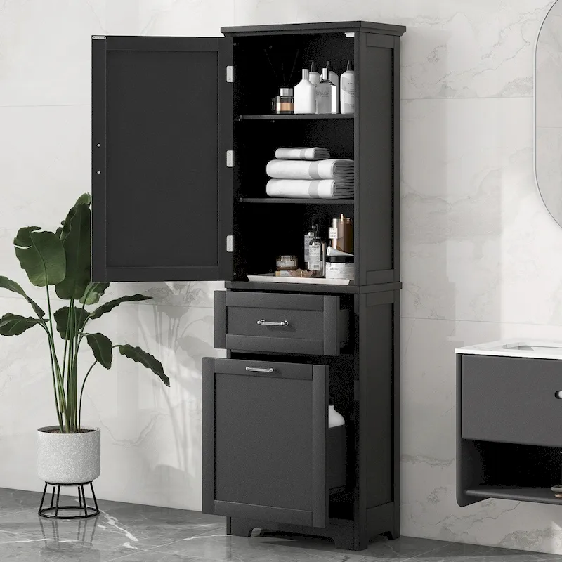 68Tall Bathroom Storage Cabinet, Freestanding Storage Cabinet with Two Different Size Drawers and Adjustable Shelf, MDF Board