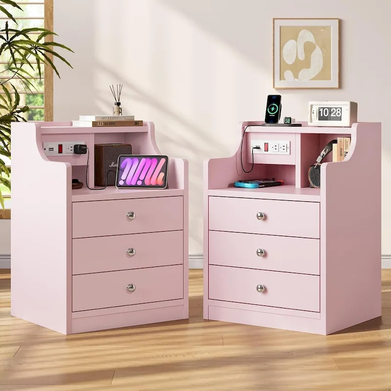 3-Drawer Nightstand with Built-in Charging Station and Open Shelf – White / Pink / Grey / Black, for 1 Person