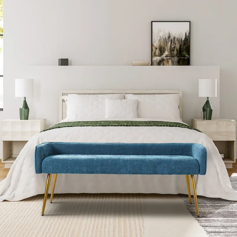 Luis Modern Upholstered Low Back Bench with Sturdy Golden Metal Tapered Leg by HULALA HOME