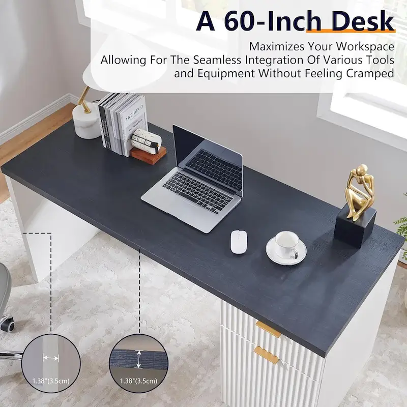 60  Modern Executive Desk, Wood Home Office Desk, Fluted Computer Desk