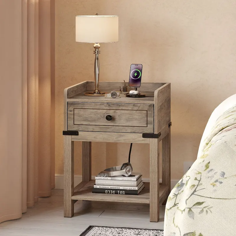 Moasis Farmhouse End Table with Charging Station, USB Ports and Outlets