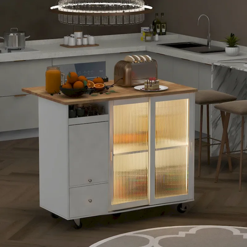 LED Light Kitchen Cart with Drop Leaf and Adjustable Shelf