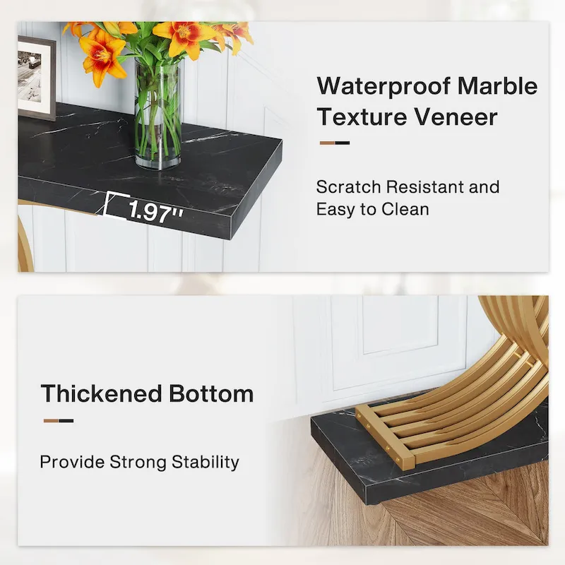 Black/ Gold Modern Sofa Table with Faux Marble Tabletop, 39 Inches Wood Foyer Table with Geometric Metal Legs for Entryway