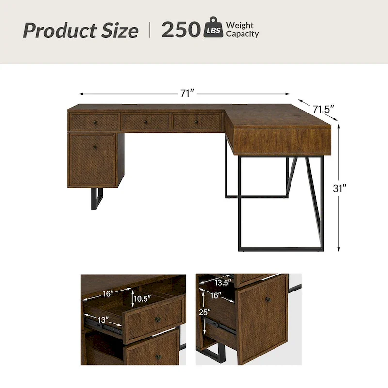 Alfons Industrial L-shaped Lift Top Cane Executive Office Desk with Drawers and Built-In Outlets