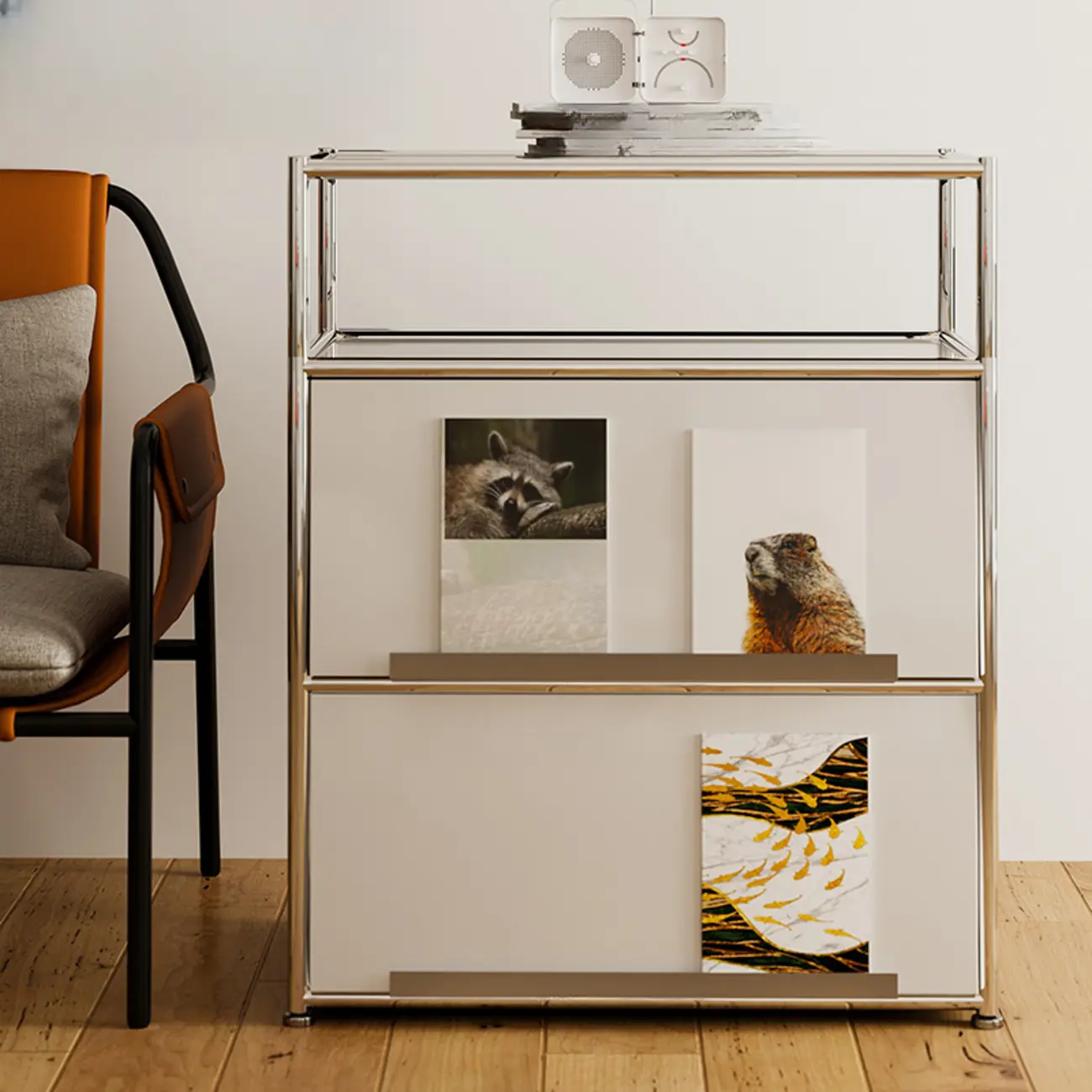 Modern Steel Nightstand with Drawer and Open Shelf