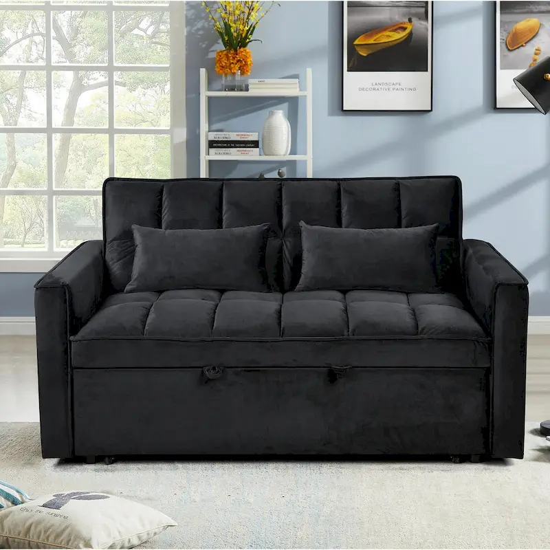 Modern Velvet Loveseat Futon Sofa Couch Pullout Bed, Small Love Seat Lounge Sofa w/Reclining Backrest, Toss Pillows, Pockets