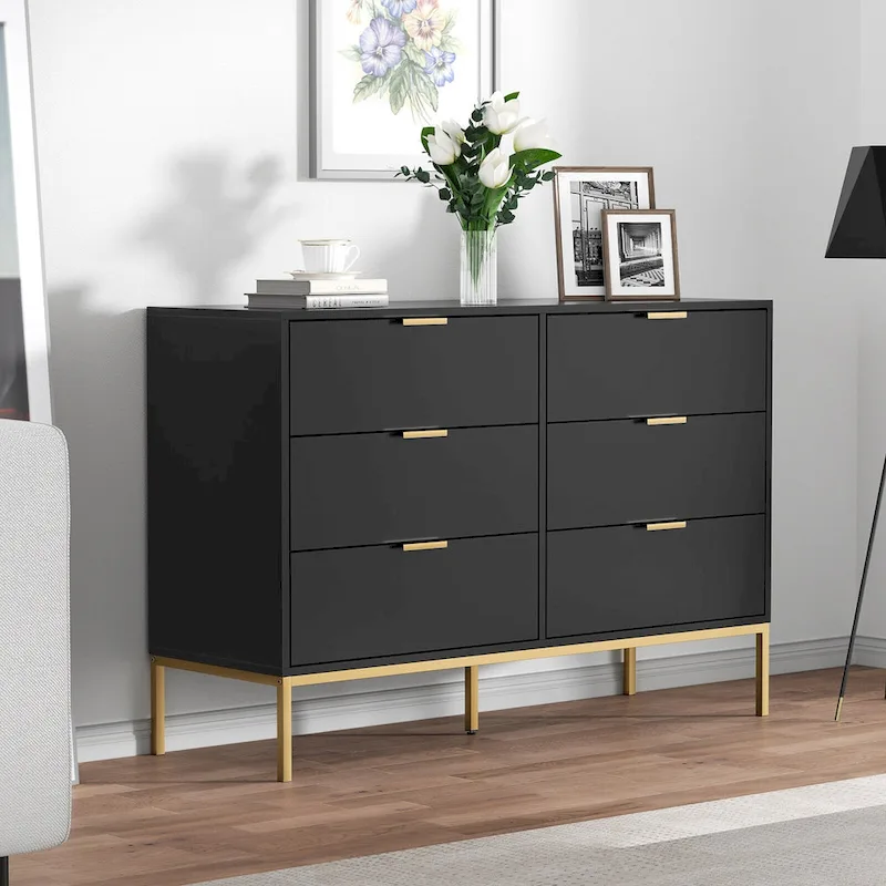 Modern 6-Drawer Double Dresser Black Wood Chest of Drawers Storage Organizer for Bedroom