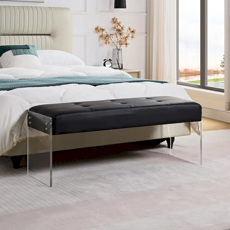 Upholstered Entryway Bench, Faux Leather Bedroom/Living Room Bench, Acrylic Base 44.7-inch