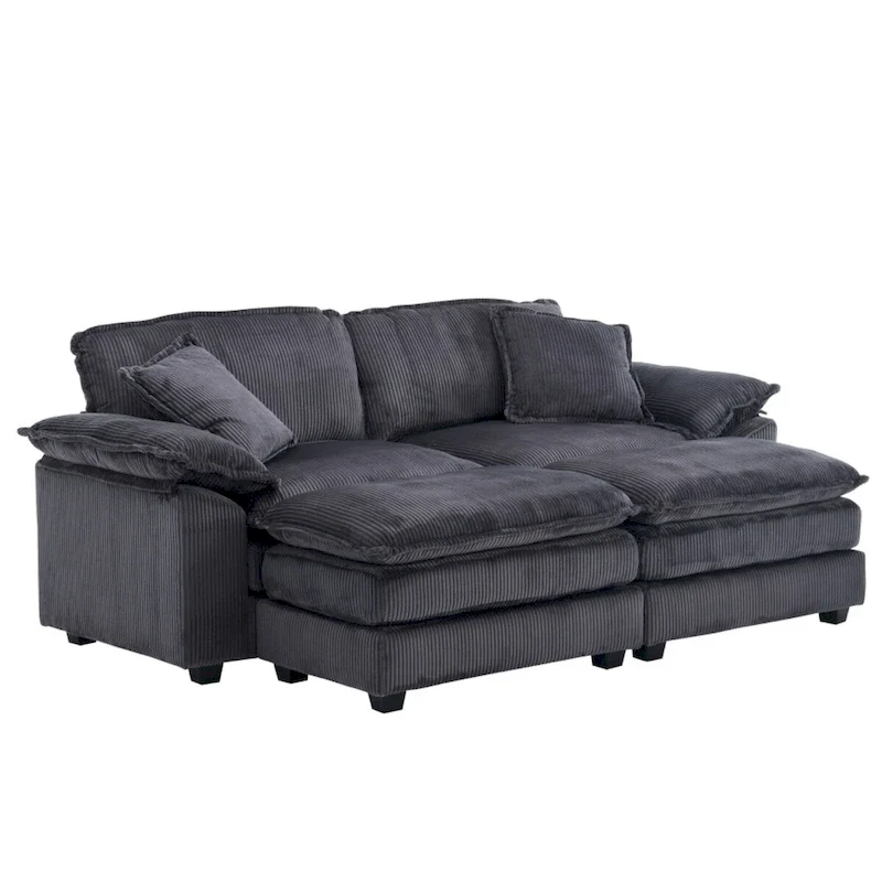 Grey/Yellow/White/Orange/Green Corduroy Loveseat Sofa, 2-Seater, with 4 Pillows & 2 Ottomans