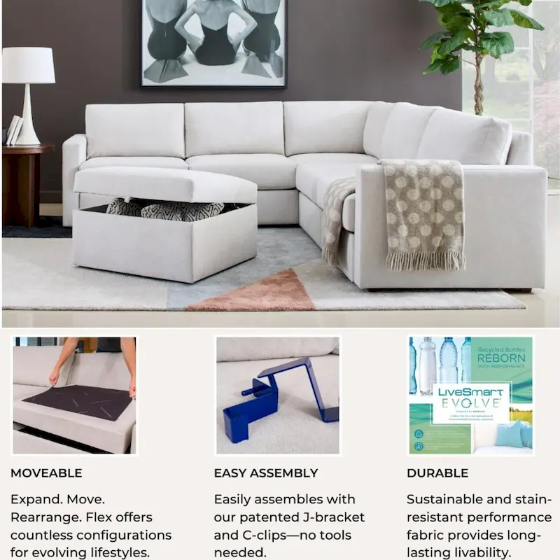 Flex 99 Upholstered Modular Sofa with Bumper Ottoman - 101 x 35 x 37