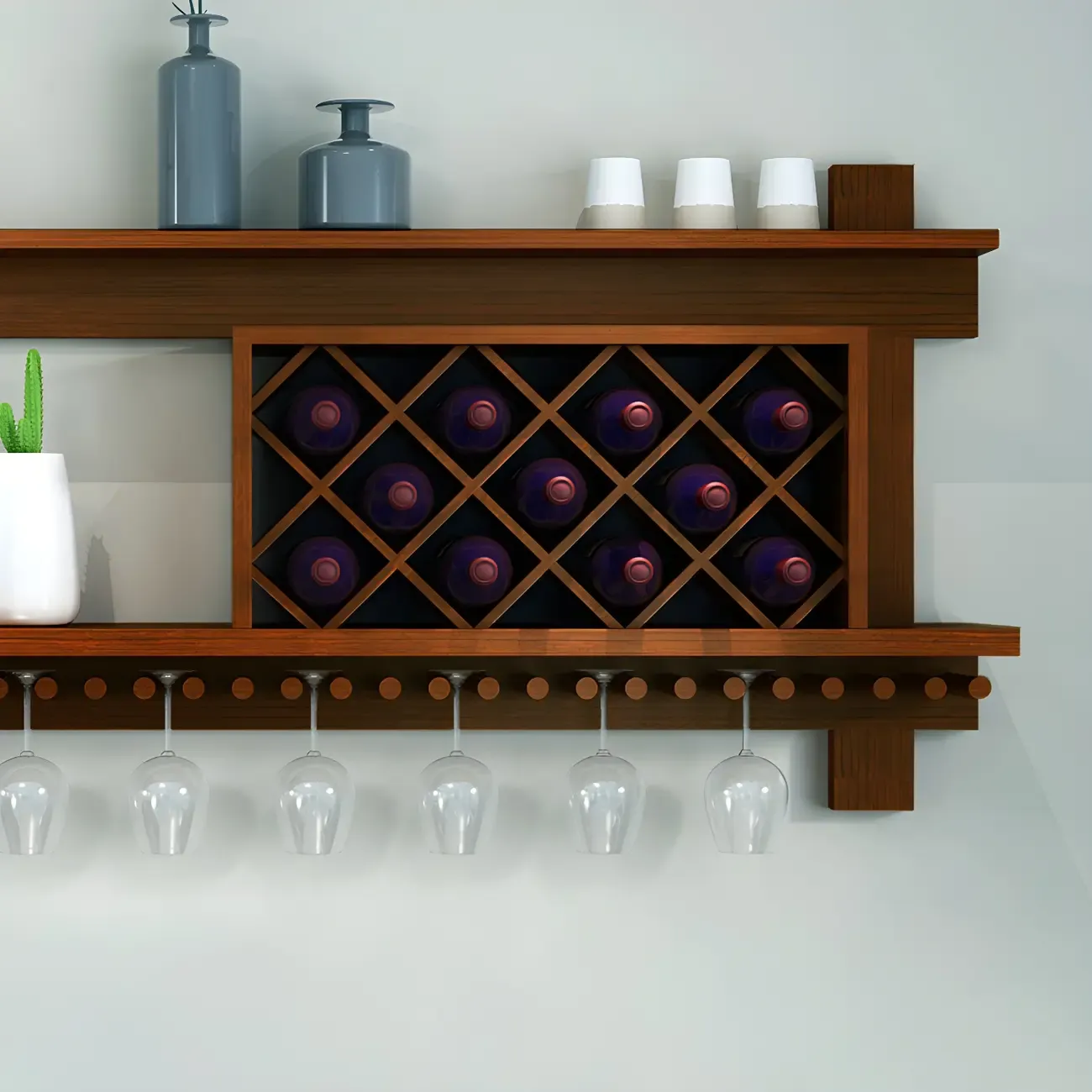 Pine Wooden Wall-Mounted Display Open Wine Bottle & Glass Rack