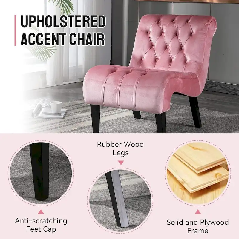 Velvet Armless Accent Chair, Button Tufted Slipper Chair, Side Chair, Lounge Chair