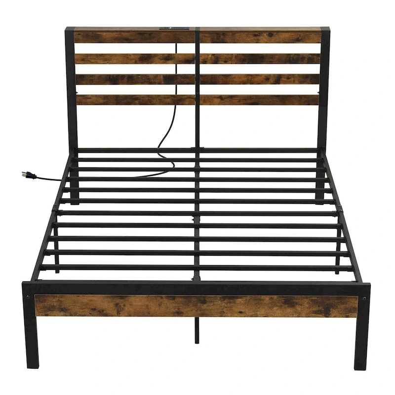 Costway Full Industrial Metal Platform Bed Frame Charging Station